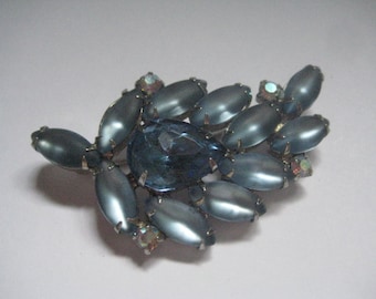 Unmarked D&E Style Rhinestone Leaf Brooch with LIght Sapphire Satin Finish Navettes and Pear Cut Stone