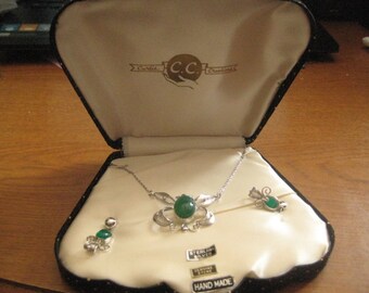 Curtis Creations AKA Uncas 1950s Sterling Silver Demi Parure of Filigree Work with Jade Scarabs