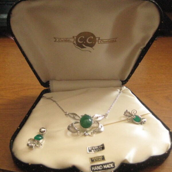 Curtis Creations AKA Uncas 1950s Sterling Silver Demi Parure of Filigree Work with Jade Scarabs