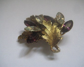 D&E Styled Crystal and Amethyst Floral Brooch in Gold Plate with Metal Leaves