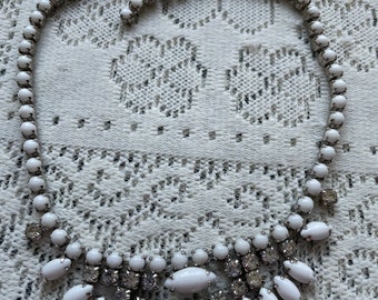 Vintage Juliana Style Rhinestone Choker in Milk Glass with Navette and Chaton Cut Stones