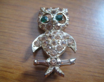 Vintage PELL Owl Pendant with Green Eyes and Champagne Rhinestones in Goldtone
