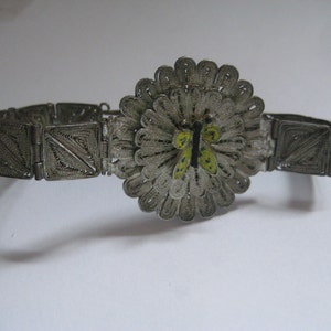 Sterling Egyptian Filigree Link Bracelet with Enameled Butterfly