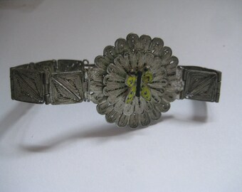 Sterling Egyptian Filigree Link Bracelet with Enameled Butterfly