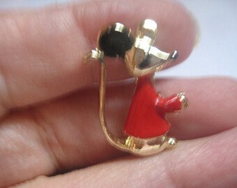 Cute Little Enameled  Mouse Pin in Goldtone Metal with Red Shirt and Black Ears