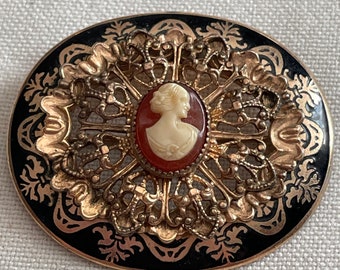 Black Enamel on Gold Plated Oval Filigree with Cameo Center