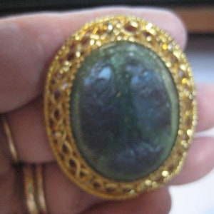 Molded Blue Glass 3 Muses Cameo Brooch in Gold Tone Oval Filigree Frameo