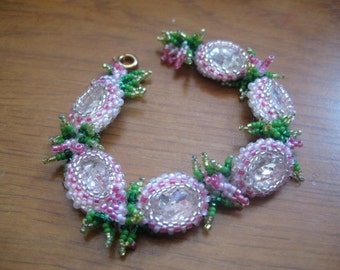 Original Bezel Set Oval Crystal Rhinestone Bracelet in Floral Style Springy Looking