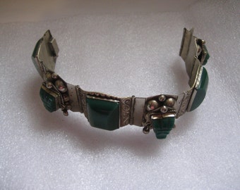 Mexican Sterling Tribal Mask Link Bracelet in Carved Green Stones Marked HENCHO in MEXICO TAXCO