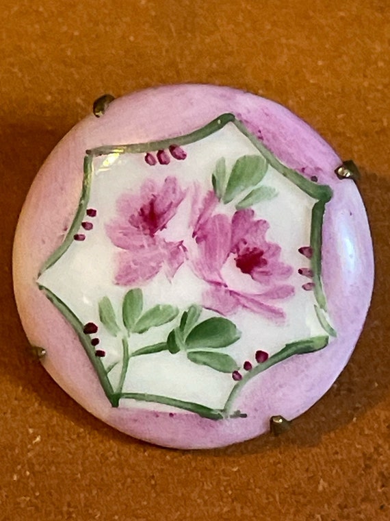 Antique Victorian Hand Painted Ceramic Flower 7/8” Pin for Child or Doll View 2