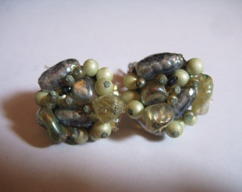 Japan Clip On Cluster Earrings in Shades of Green and Blue