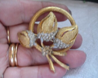 60s BSK Gold Flower Brooch with Rhinestone  Accent