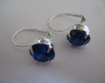 Lot of 4 Sterling Plated Leverback Pierced Earrings with 11mm Capri Blue Rhinestones