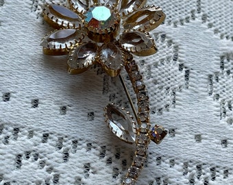 Juliana Styled Crystal Navettes Flower Pin with Crystal Aurora Borealis Center