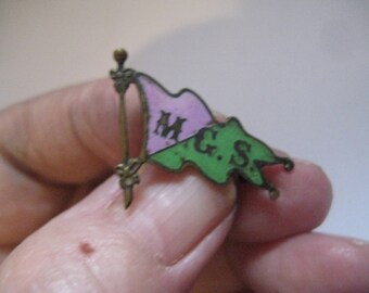 MGS Pennant Flag Pin in Brass with Lilac and Green Enameling and C Clasp
