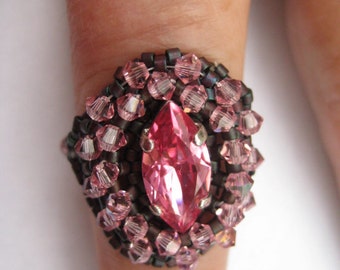 Rose Navette and Swarovski Bicones in Light Rose Ring by ME Size 9