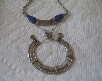 Wire Wrapped Lapis Lazuli Beads with Hammered Silver Necklace Handcrafted and Lovely