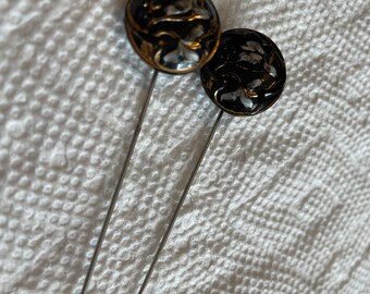2 Victorian 18mm Black Glass Molded Flower with Gold Accents Buttons Made Into Stickpins