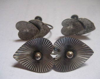 Demi Parure of Vintage Beau Sterling Double Heart Pin with Matching Screw Back Earrings Marked