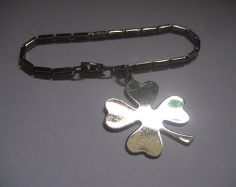 Four Leaf Clover Charm on Bracelet Silver Tone Metal St Patricks Day