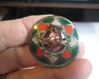 Ward Bros Irish Thistle Pin with Orange and White on Green Enamel Circle Pin Marked WBs