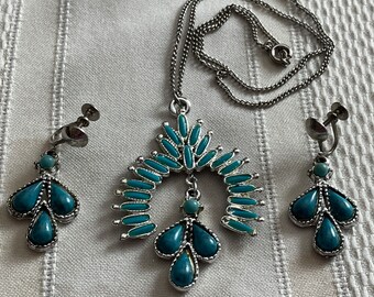 Vintage Squash Blossom Silver Tone Pendant and Screw Back Earrings