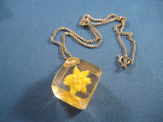 Back Carved Yellow Flower in Cube Shaped Lucite P… - image 1
