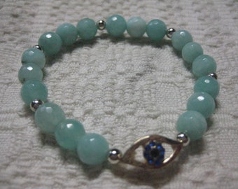 Faceted Gemstone and Silver Tone Metal Stretch Bracelet