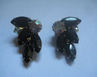 DeLizza & Elster aka Juliana Jet Glass Navettes and Crystal AB Chatons Clip On Earrings