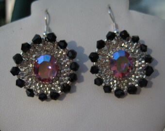 Jet and Rose AB Crysstals Pierced Wire Earrings Designed by ME in the French Style