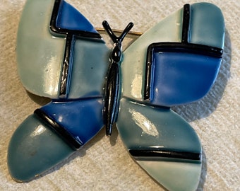 HAR Mondrian Abstract Enameled Butterfly Pin in Shades of Blue and Black