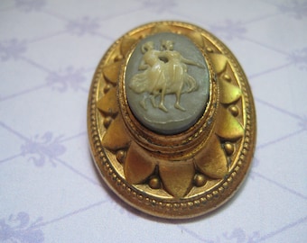 Retro Victorian Blue and White Plastic Cameo of 2 Ladies Very Unusual Designed Metal