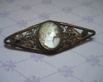 Victorian Carved Mother of Pearl Cameo in a Diamond Shaped Filigree Setting