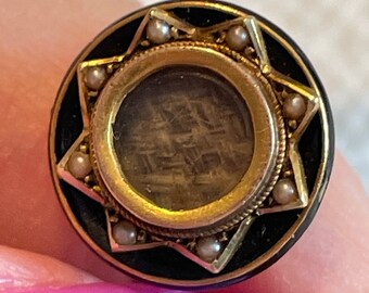 Mourning Stickpin with Seed Pearls and Black Enamel with Woven Hair Under Glass