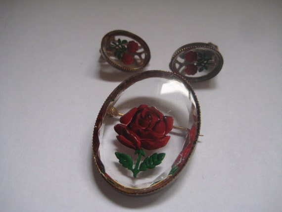 Back Carved and Hand Painted Glass Cameo Pin and … - image 1