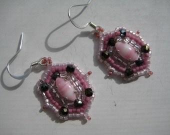 Pink and White Navettes French Wire Earrings Beading by ME Pattern by Marie Geraud