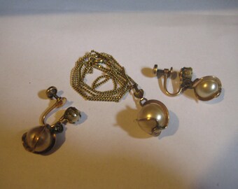 Wire Wrapped Faux Pearls in 1/20th 12K GF Pendant and Screw Back Earrings
