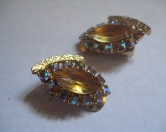 Continental Light Topaz Navette and Topaz AB Chaton Cut Rhinestone Clip On Earrings