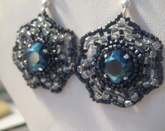 Jamie Metallic Blue Rhinestone Pierced Wire Beaded Earrings Designed by Margaret Ellison