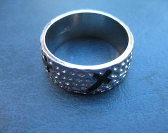 Marked CHINA Mens Ring with Crosses in Black on Silver Tone Metal
