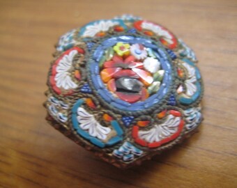 Italian Hexagon Shaped Micromosaic Floral Pin 1940s Vintage Jewelry