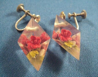 Diamond Shaped  Back Carved Red Roses in  Lucite Screw Back Earrings from the 40s