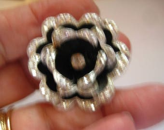 Made in Germany Black Flower with Silver Edges Aluminum with Rhinestone Center
