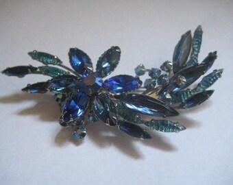 Unmarked Beauty Rhinestone Shades of Blue Navette Spray Pin in Style of Juliana
