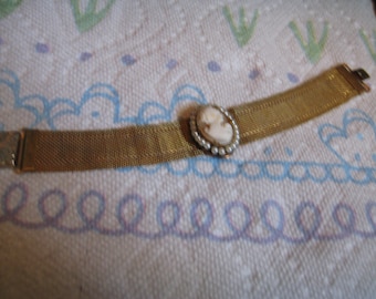 Victorian Bracelet with Woven Metal Band and Shell Cameo Oval with Faux Pearl Surround