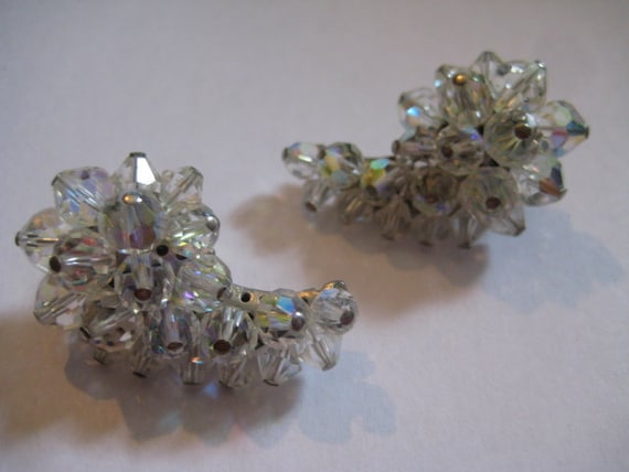 40s Cluster Style Clipback Earrings with Faceted … - image 1