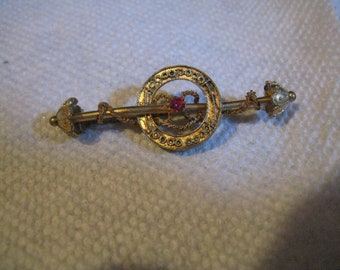 Antique Pinchbeck Bar Pin with Red Stone in Center 2 3/8x3/4"