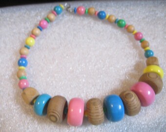 80s Wooden Beads Necklace Some Natural and Some Painted in Pastel Colors