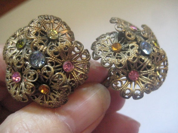 Marvella 40s Filigree Flowers with Rhinestone Cen… - image 2