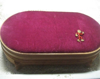 Exquisite Celluloid and Fuchsia Velvet Topped Jewelry Box with 2 Sections